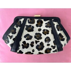 ZAC Zac Posen Leopard Print Clutch Bag Purse Bow Fan‎ Pleat Gold Hardware